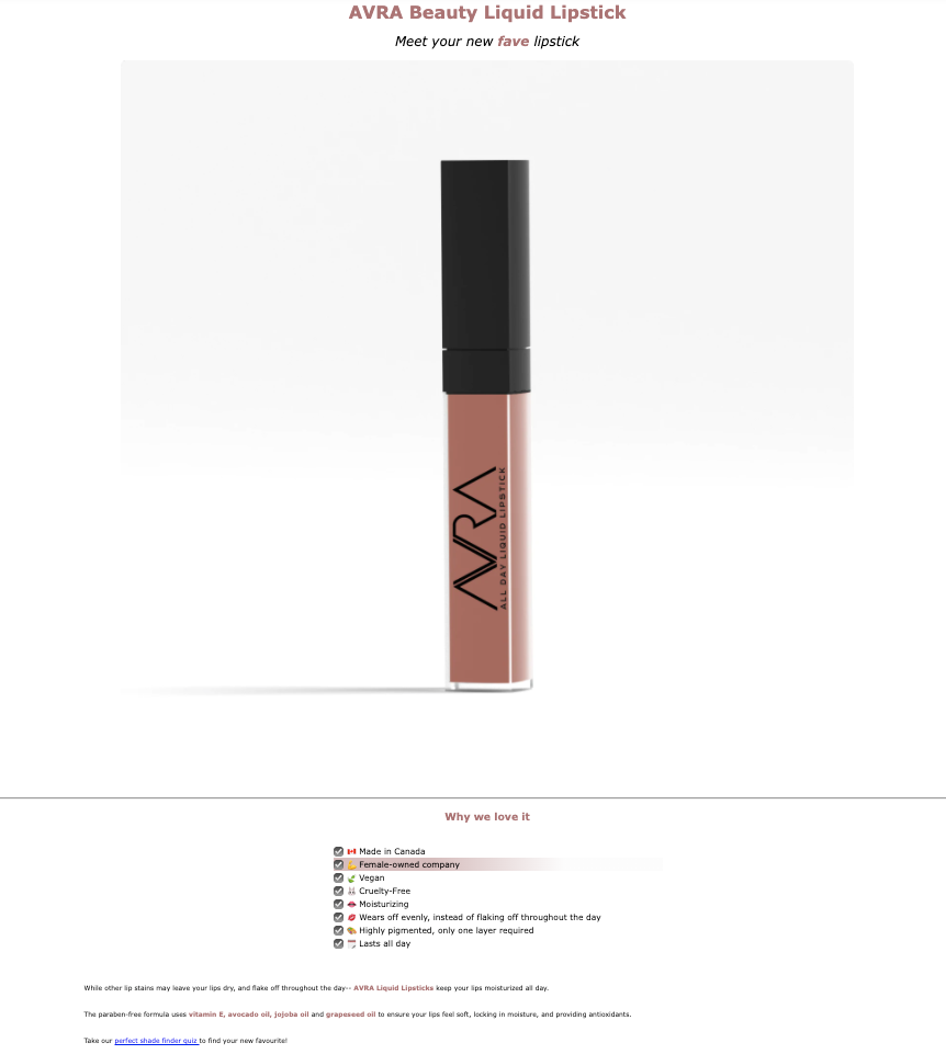 screenshot of AVRA Beauty Webpage